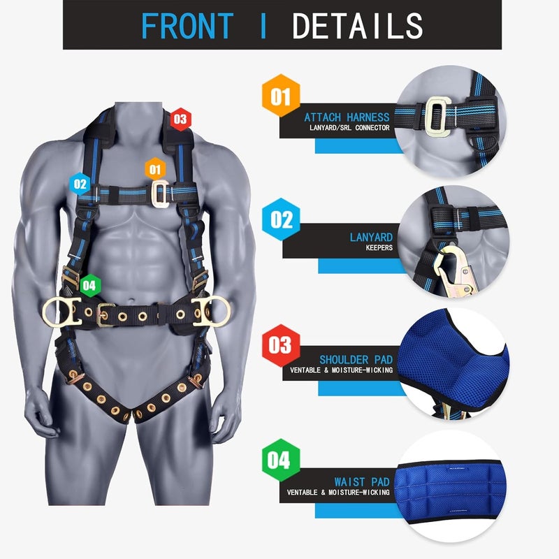 FHFallArrest Fall Protection 5pt Full-Body Safety Harness, Vented & Padded Shoulder, Back & Legs, 8” Thick Back Support, Tongue Buckle, D-Rings, Grommet Leg Straps & Waist Belt (OSHA/ANSI Rated PPE) - Image 2